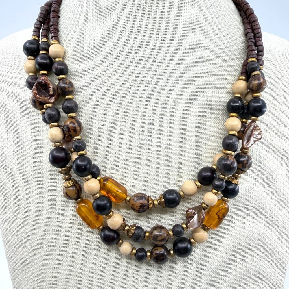 Multi-Strand Wooden Bead Statement Necklace Earthy Boho Tribal Chic Jewelry